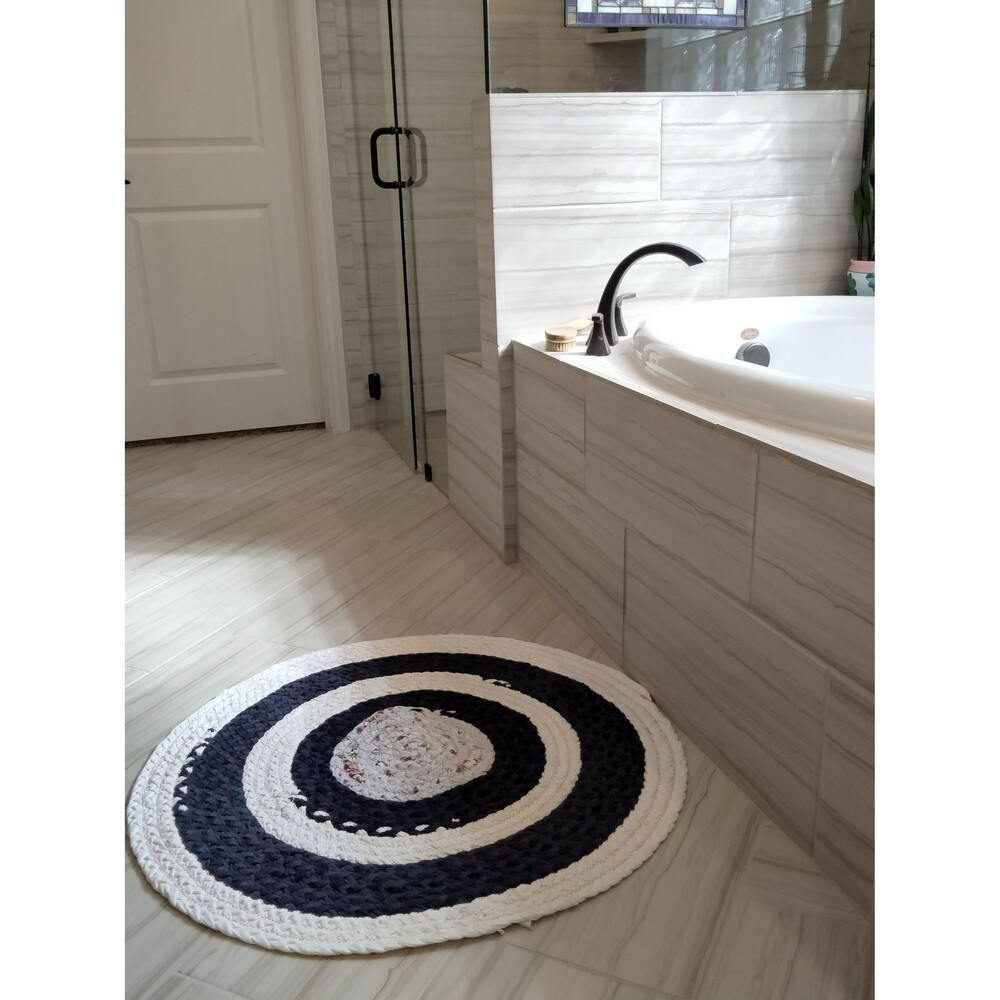 Bullseye Braided Rag Rug Round 36-inch Navy White Gray - Picture 5 of 6